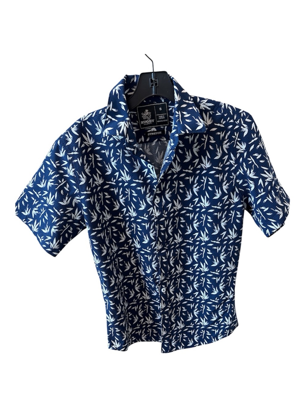 Rugby University Men's Navy Button-Down Short Sleeve Shirt with White Leaf Print